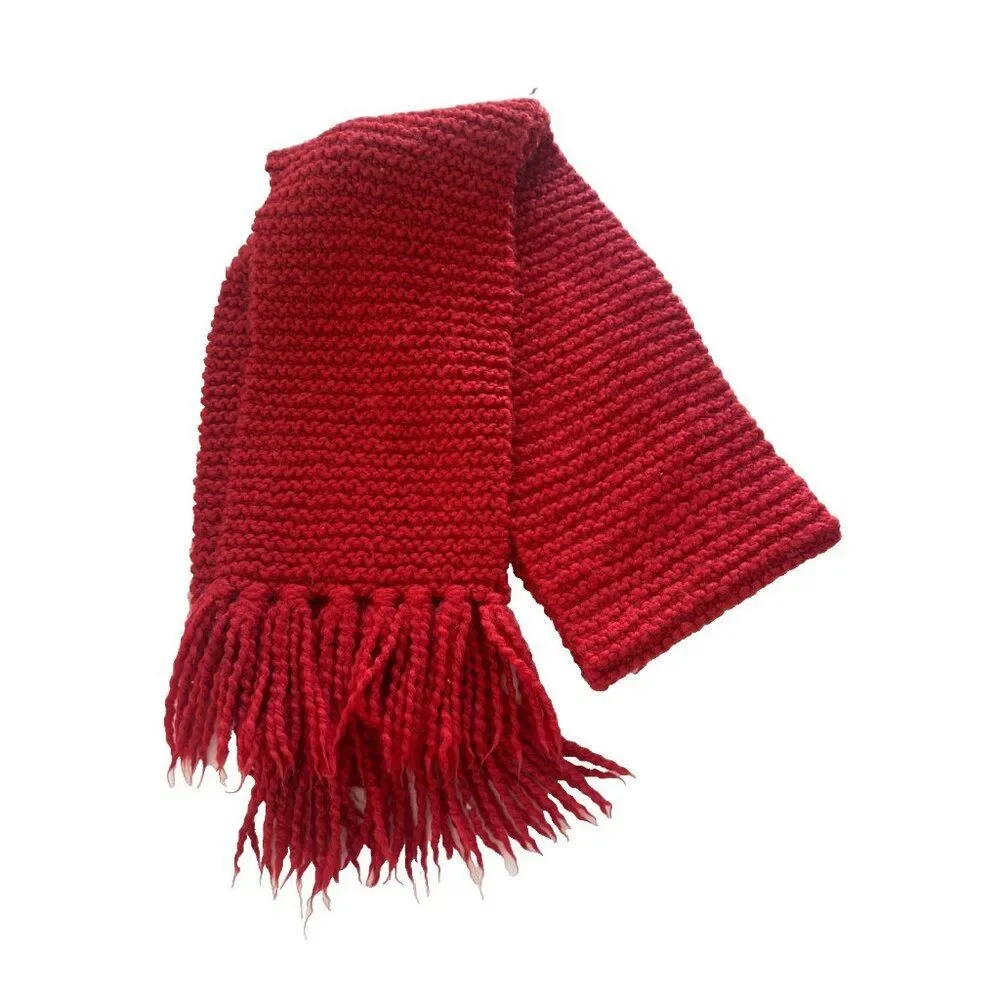 J Crew Unisex Red Chunky Knit Wool Fringe Scarf Timeless Sustainable